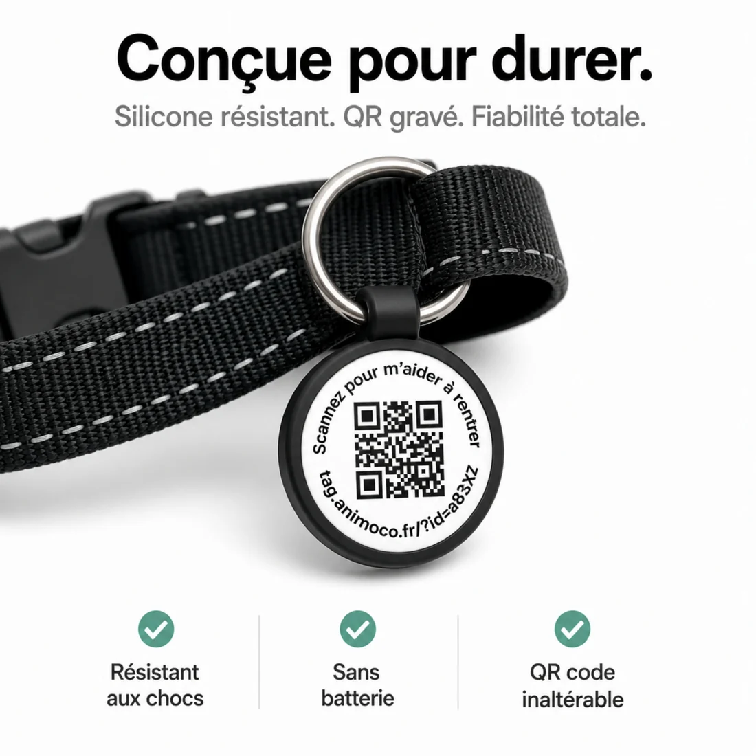 Médaille Animoco fixée sur un collier noir, montrant son QR code gravé