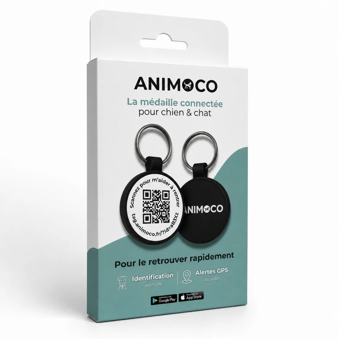 Boîte officielle de la médaille connectée Animoco pour chien et chat
