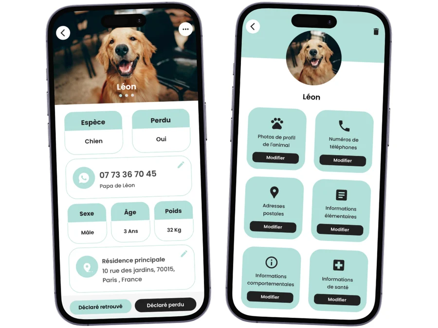 Écrans de l’application Animoco montrant le profil modifiable d’un chien